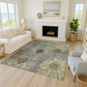 HomeRoots 8' X 10' Elegant Granite Gray and Gold Floral Area Rug – Washable, Durable, Perfect for Indoor/Outdoor Use 639704