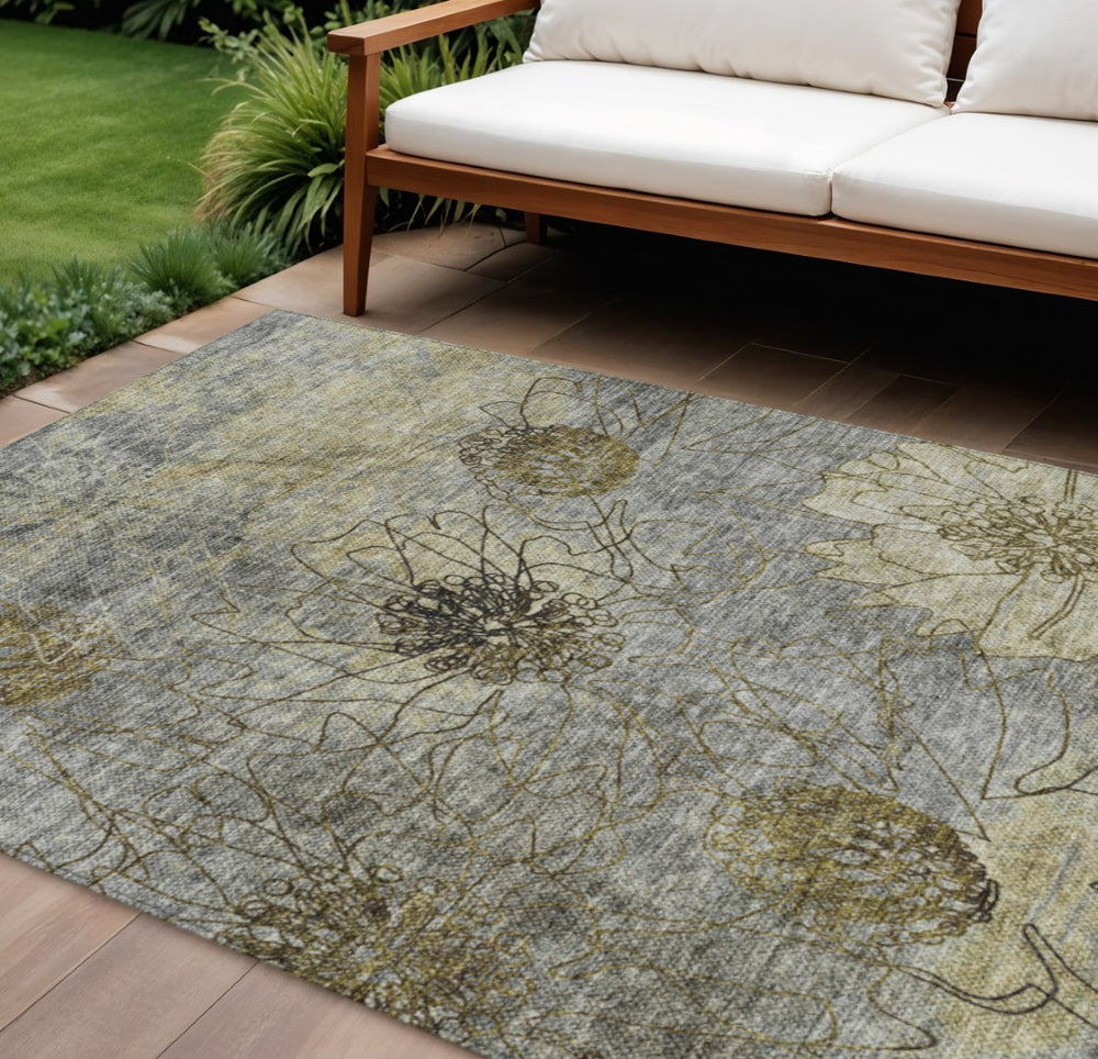HomeRoots 9' X 12' Granite Gray and Gold Floral Area Rug - Durable, Washable, Indoor/Outdoor for High-Traffic Areas 639705