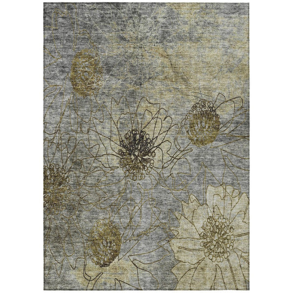 HomeRoots 9' X 12' Granite Gray and Gold Floral Area Rug - Durable, Washable, Indoor/Outdoor for High-Traffic Areas 639705