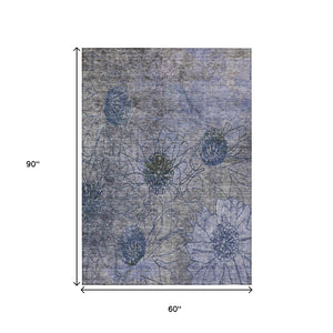 HomeRoots 5' Gray and Lavender Floral Washable Area Rug - Durable, Stylish, Perfect for Indoor & Outdoor Use! 639708