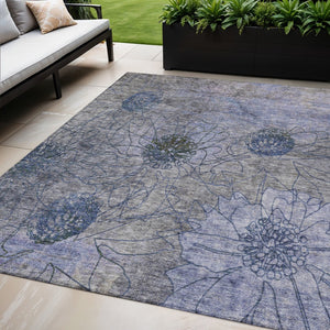 HomeRoots 5' Gray and Lavender Floral Washable Area Rug - Durable, Stylish, Perfect for Indoor & Outdoor Use! 639708