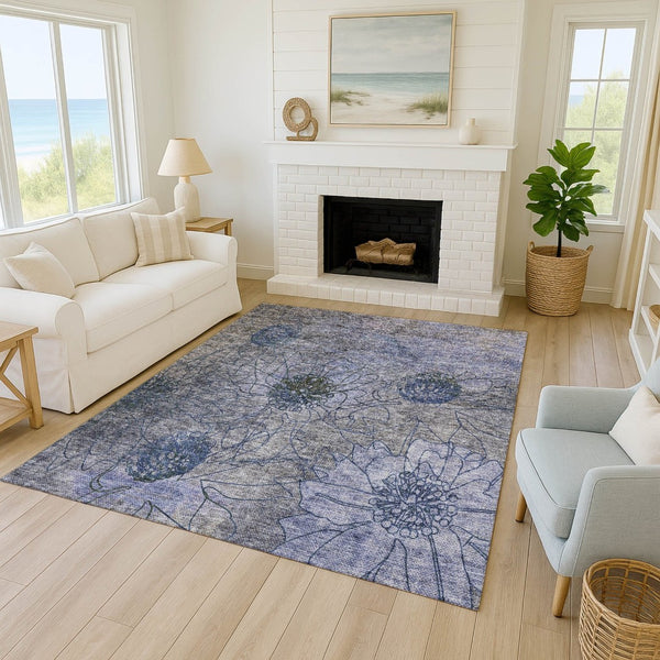 HomeRoots 5' Gray and Lavender Floral Washable Area Rug - Durable, Stylish, Perfect for Indoor & Outdoor Use! 639708