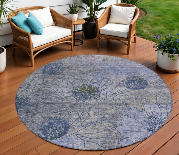 HomeRoots 8' Gray and Lavender Round Floral Rug - Stylish, Washable Area Rug for Indoor & Outdoor Spaces 639709
