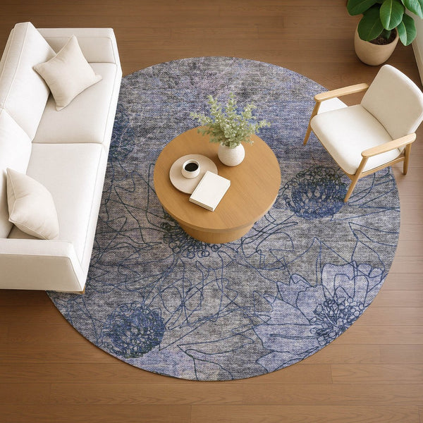 HomeRoots 8' Gray and Lavender Round Floral Rug - Stylish, Washable Area Rug for Indoor & Outdoor Spaces 639709