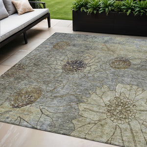 HomeRoots 5' X 8' Pewter & Beige Floral Indoor/Outdoor Area Rug - Durable, Washable, Stain-Resistant Design 639714