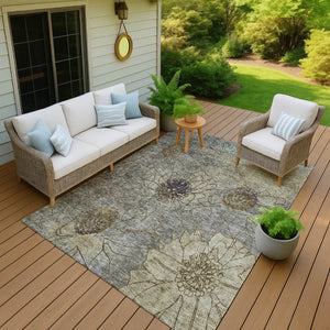 HomeRoots 5' X 8' Pewter & Beige Floral Indoor/Outdoor Area Rug - Durable, Washable, Stain-Resistant Design 639714