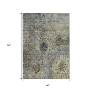 HomeRoots 5' X 8' Pewter & Beige Floral Indoor/Outdoor Area Rug - Durable, Washable, Stain-Resistant Design 639714