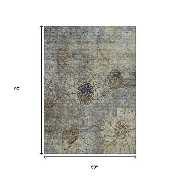 HomeRoots 5' X 8' Pewter & Beige Floral Indoor/Outdoor Area Rug - Durable, Washable, Stain-Resistant Design 639714