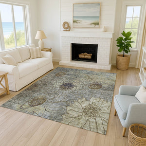 HomeRoots 5' X 8' Pewter & Beige Floral Indoor/Outdoor Area Rug - Durable, Washable, Stain-Resistant Design 639714