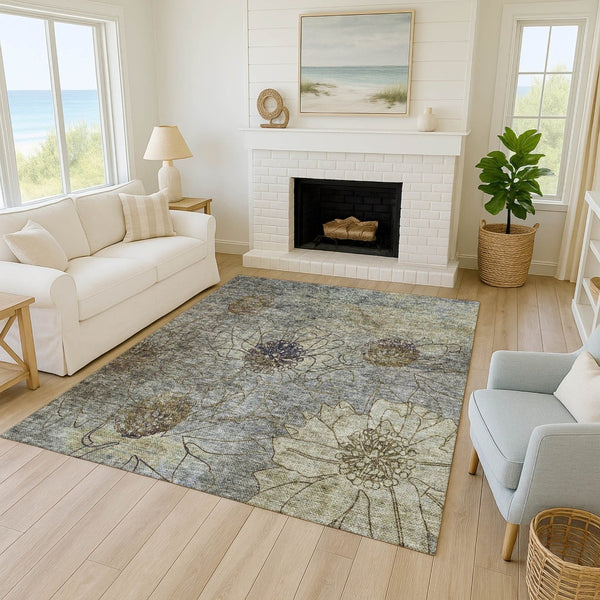 HomeRoots 5' X 8' Pewter & Beige Floral Indoor/Outdoor Area Rug - Durable, Washable, Stain-Resistant Design 639714