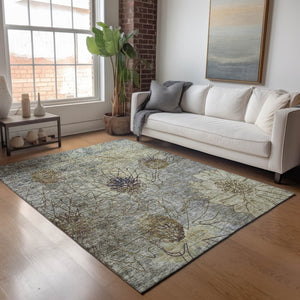 HomeRoots 5' X 8' Pewter & Beige Floral Indoor/Outdoor Area Rug - Durable, Washable, Stain-Resistant Design 639714