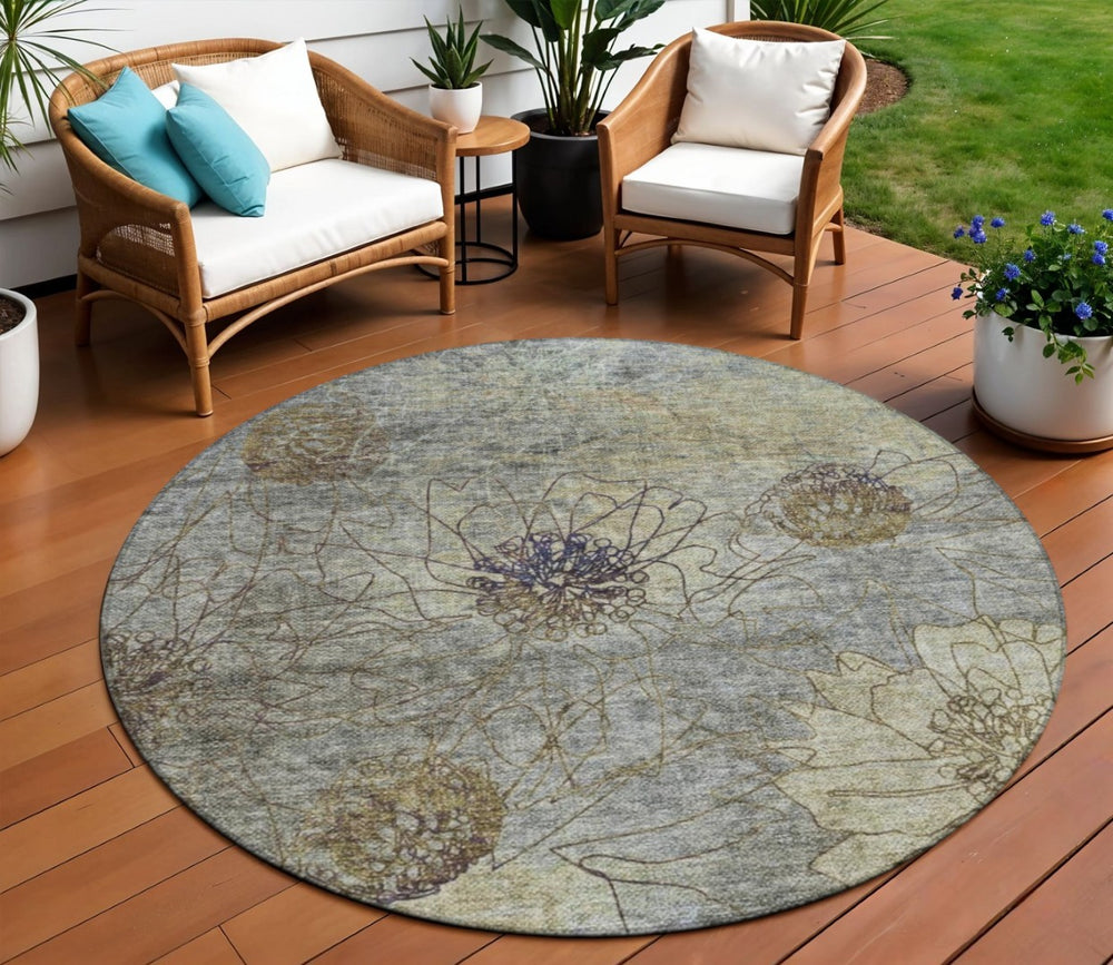 HomeRoots 8' Floral Washable Area Rug in Pewter & Beige - Durable Indoor/Outdoor Design for High Traffic Areas 639715