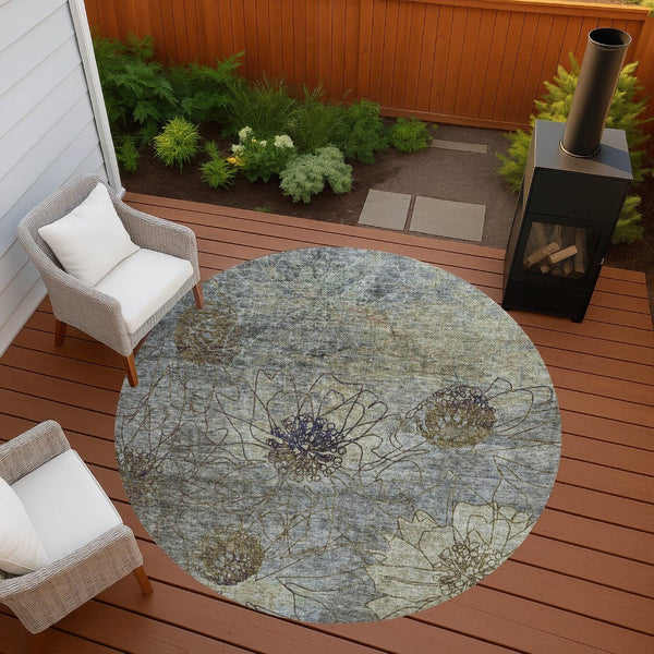 HomeRoots 8' Floral Washable Area Rug in Pewter & Beige - Durable Indoor/Outdoor Design for High Traffic Areas 639715