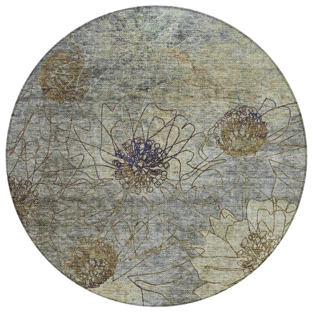 HomeRoots 8' Floral Washable Area Rug in Pewter & Beige - Durable Indoor/Outdoor Design for High Traffic Areas 639715