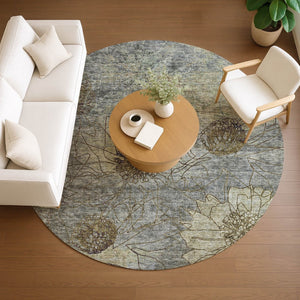 HomeRoots 8' Floral Washable Area Rug in Pewter & Beige - Durable Indoor/Outdoor Design for High Traffic Areas 639715