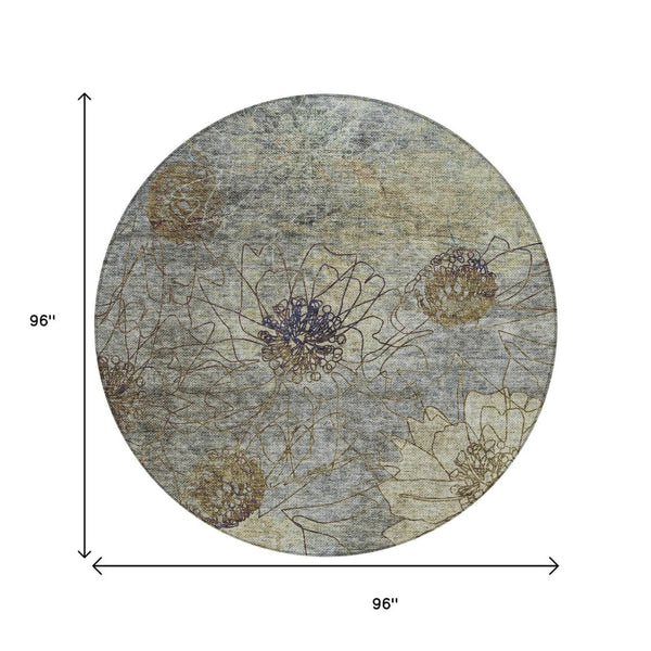 HomeRoots 8' Floral Washable Area Rug in Pewter & Beige - Durable Indoor/Outdoor Design for High Traffic Areas 639715
