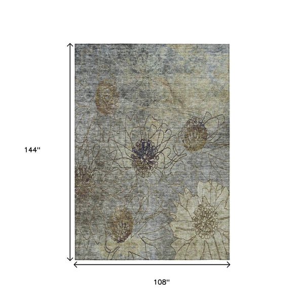 HomeRoots 9' X 12' Elegant Pewter & Beige Floral Area Rug - Washable, Durable, Versatile for Indoor & Outdoor Use 639717
