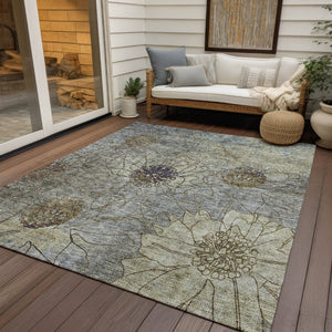 HomeRoots 10' Elegant Pewter & Beige Floral Washable Area Rug - Versatile Indoor/Outdoor, Durable Design! 639718