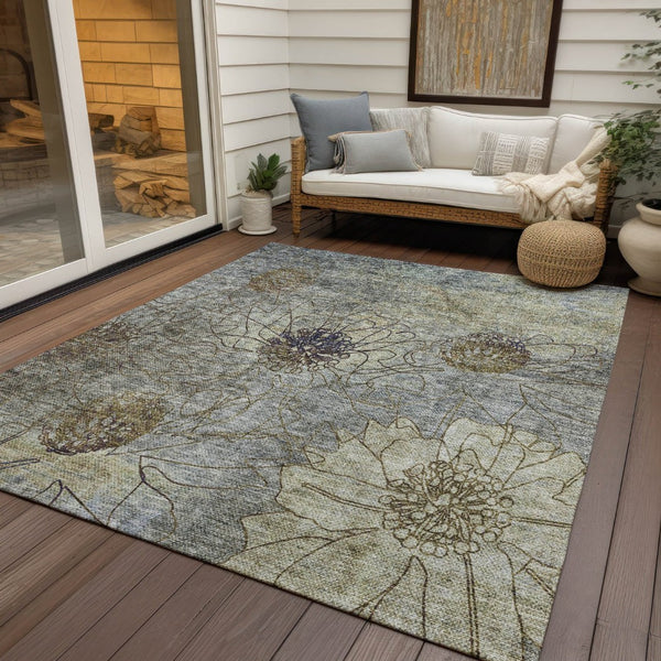 HomeRoots 10' Elegant Pewter & Beige Floral Washable Area Rug - Versatile Indoor/Outdoor, Durable Design! 639718