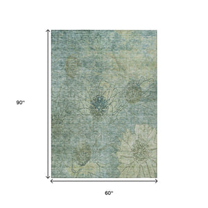 HomeRoots 5' X 8' Pale Aqua Floral Washable Rug - Durable, Stylish Indoor/Outdoor Area Rug for Family Spaces 639720
