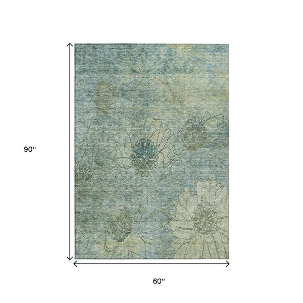 HomeRoots 5' X 8' Pale Aqua Floral Washable Rug - Durable, Stylish Indoor/Outdoor Area Rug for Family Spaces 639720