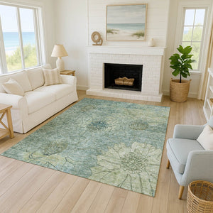 HomeRoots 5' X 8' Pale Aqua Floral Washable Rug - Durable, Stylish Indoor/Outdoor Area Rug for Family Spaces 639720