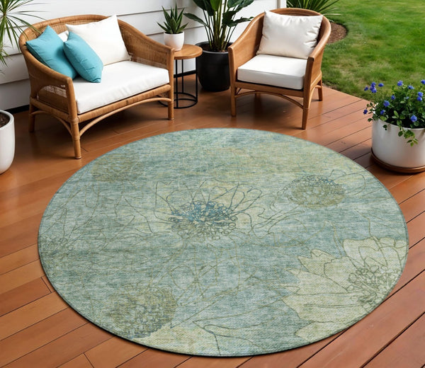 HomeRoots 8' Pale Aqua Floral Area Rug - Durable, Washable Indoor/Outdoor Design for High-Traffic Spaces 639721