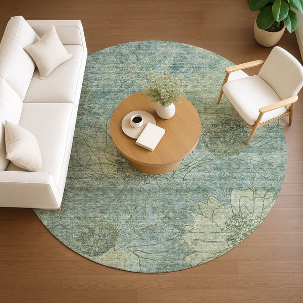 HomeRoots 8' Pale Aqua Floral Area Rug - Durable, Washable Indoor/Outdoor Design for High-Traffic Spaces 639721