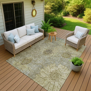 HomeRoots 5' Washable Taupe and Wheat Floral Area Rug - Durable Indoor/Outdoor Rug for High-Traffic Spaces 639726