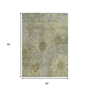 HomeRoots 5' Washable Taupe and Wheat Floral Area Rug - Durable Indoor/Outdoor Rug for High-Traffic Spaces 639726