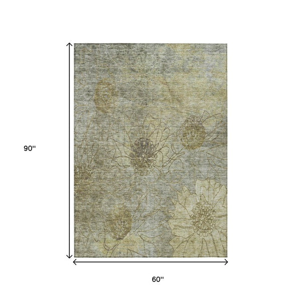 HomeRoots 5' Washable Taupe and Wheat Floral Area Rug - Durable Indoor/Outdoor Rug for High-Traffic Spaces 639726