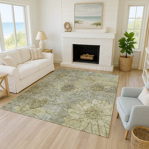 HomeRoots 5' Washable Taupe and Wheat Floral Area Rug - Durable Indoor/Outdoor Rug for High-Traffic Spaces 639726