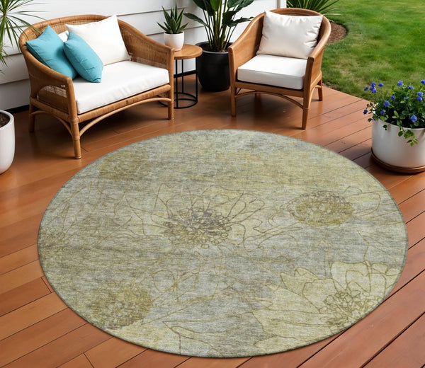 HomeRoots 8' Taupe Floral Round Area Rug - Washable, Durable, Indoor-Outdoor Design for Versatile Decor Use 639727