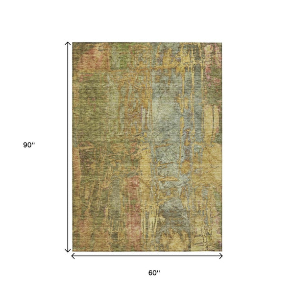 HomeRoots 5' X 8' Versatile Artichoke Green & Gold Abstract Rug - Washable Indoor/Outdoor Durable Design! 639732