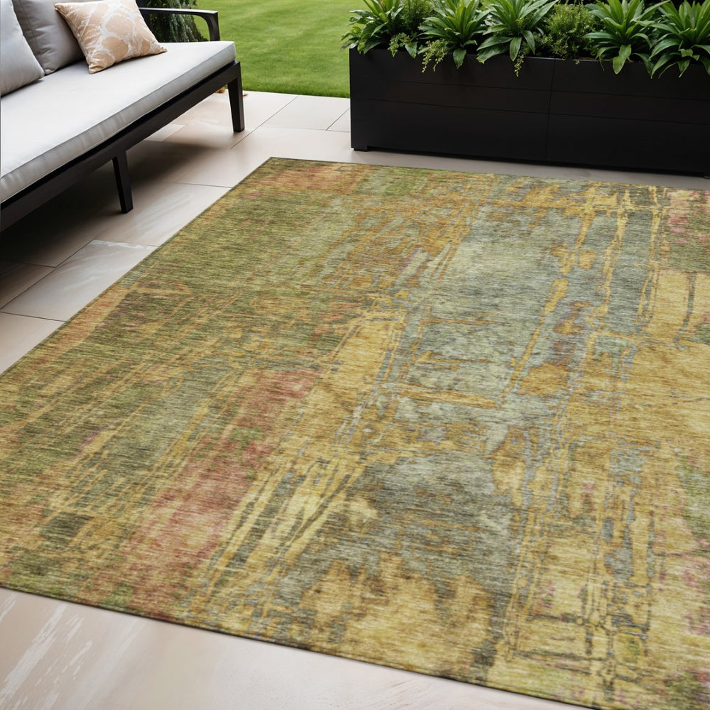 HomeRoots 5' X 8' Versatile Artichoke Green & Gold Abstract Rug - Washable Indoor/Outdoor Durable Design! 639732