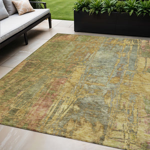 HomeRoots 5' X 8' Versatile Artichoke Green & Gold Abstract Rug - Washable Indoor/Outdoor Durable Design! 639732