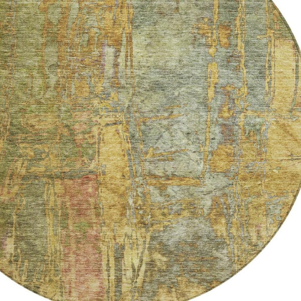 HomeRoots 8' Artichoke Green and Gold Round Abstract Rug – Washable, Durable, Perfect for Indoor & Outdoor Use! 639733