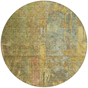 HomeRoots 8' Artichoke Green and Gold Round Abstract Rug – Washable, Durable, Perfect for Indoor & Outdoor Use! 639733
