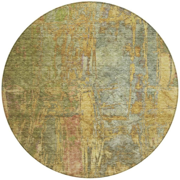 HomeRoots 8' Artichoke Green and Gold Round Abstract Rug – Washable, Durable, Perfect for Indoor & Outdoor Use! 639733
