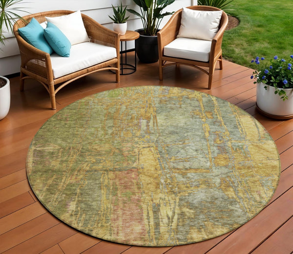 HomeRoots 8' Artichoke Green and Gold Round Abstract Rug – Washable, Durable, Perfect for Indoor & Outdoor Use! 639733