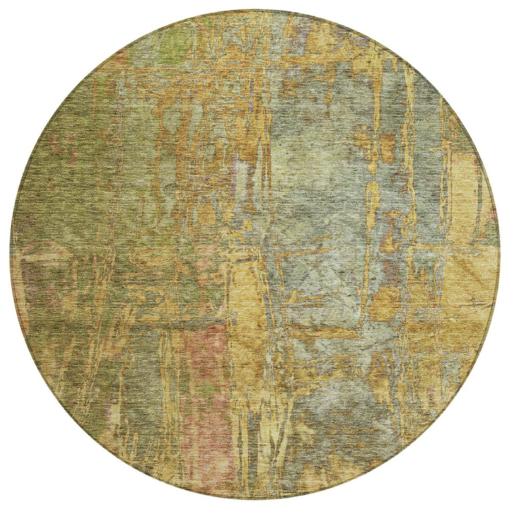 HomeRoots 8' Artichoke Green and Gold Round Abstract Rug – Washable, Durable, Perfect for Indoor & Outdoor Use! 639733