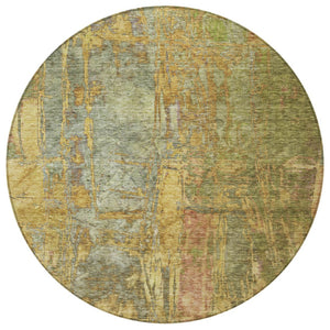 HomeRoots 8' Artichoke Green and Gold Round Abstract Rug – Washable, Durable, Perfect for Indoor & Outdoor Use! 639733