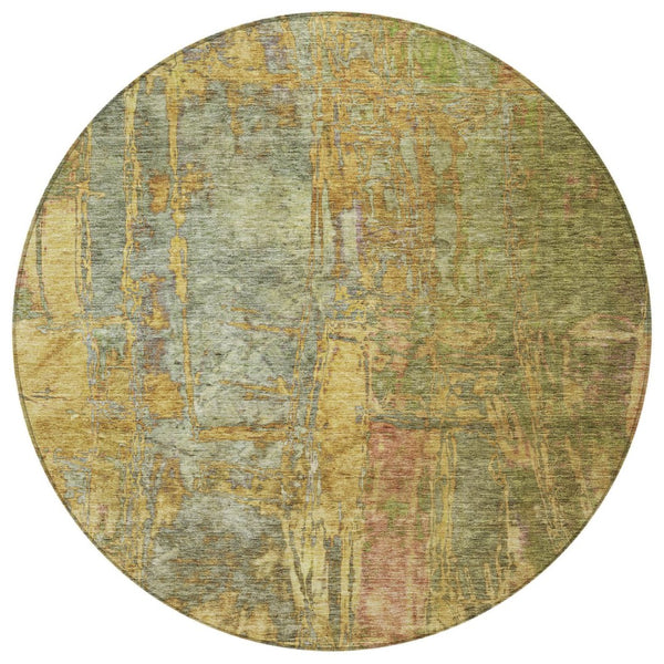 HomeRoots 8' Artichoke Green and Gold Round Abstract Rug – Washable, Durable, Perfect for Indoor & Outdoor Use! 639733