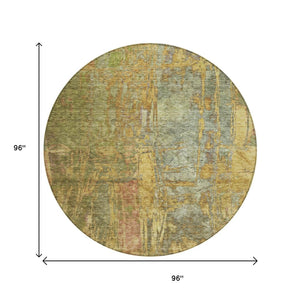 HomeRoots 8' Artichoke Green and Gold Round Abstract Rug – Washable, Durable, Perfect for Indoor & Outdoor Use! 639733