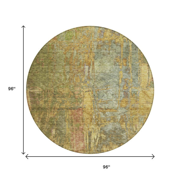 HomeRoots 8' Artichoke Green and Gold Round Abstract Rug – Washable, Durable, Perfect for Indoor & Outdoor Use! 639733