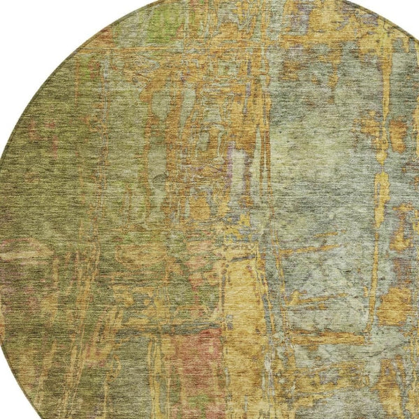 HomeRoots 8' Artichoke Green and Gold Round Abstract Rug – Washable, Durable, Perfect for Indoor & Outdoor Use! 639733
