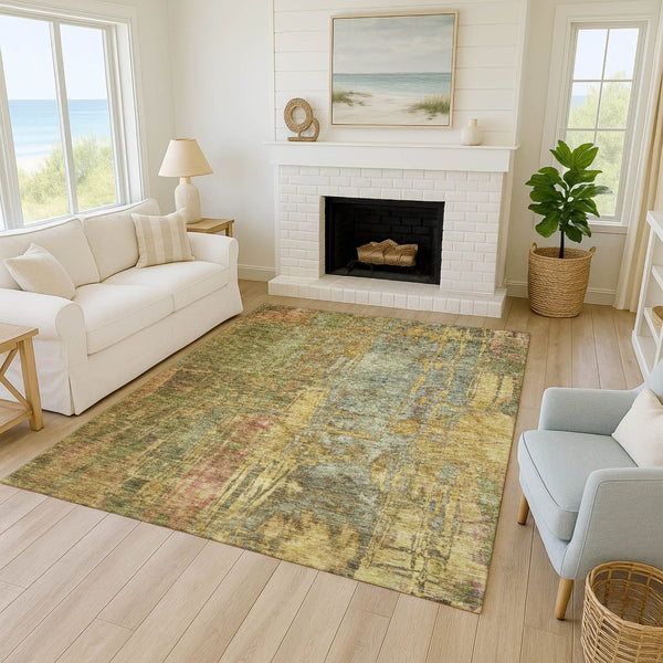 HomeRoots 8' X 10' Artichoke Green Gold Abstract Washable Area Rug - Stylish, Durable for Indoor & Outdoor Use! 639734