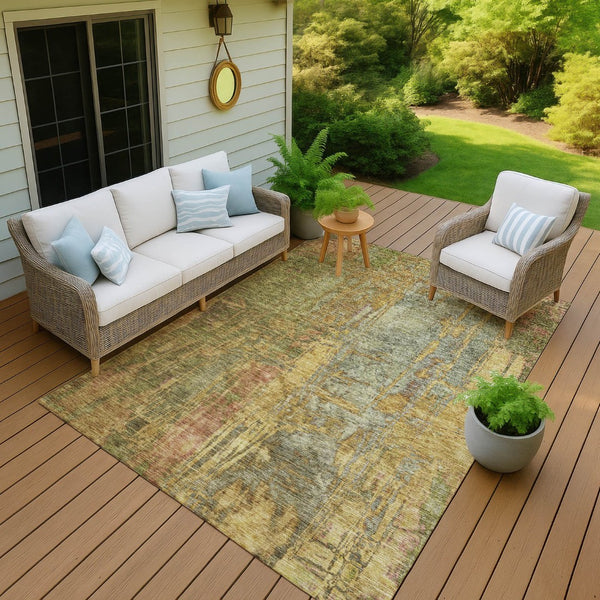 HomeRoots 9' X 12' Stylish Artichoke Green & Gold Abstract Rug – Washable, Stain-Resistant for Indoor/Outdoor Use 639735