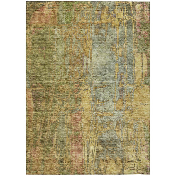 HomeRoots 9' X 12' Stylish Artichoke Green & Gold Abstract Rug – Washable, Stain-Resistant for Indoor/Outdoor Use 639735