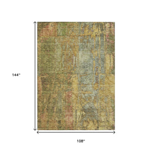 HomeRoots 9' X 12' Stylish Artichoke Green & Gold Abstract Rug – Washable, Stain-Resistant for Indoor/Outdoor Use 639735